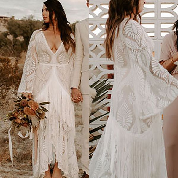 

high low lace tassel beach wedding dress a line bat sleeves slit front long bohemian bridal gowns deep v-neck plus size boho bride dresses, White