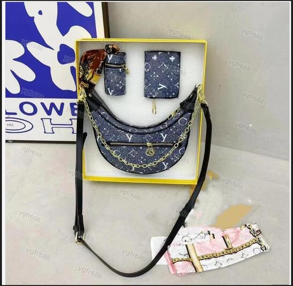 

new women bags 3 piece set with box women shoulder bag classic style crossbody bag designer fashion handbags chain moon bag women messenger