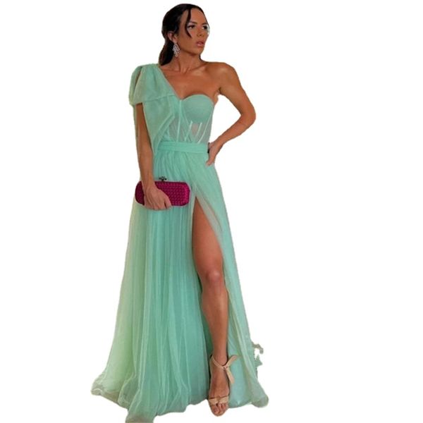 

fdhaolu one-shoulder long prom evening dress high slit tulle party dresses formal gown vestidos de fiesta gala for women, Black;red