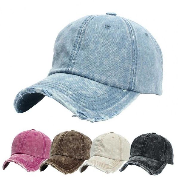 

ball caps vintage washed cotton baseball c ripped wide brim round tie-e denim adjustable sun hat sport c for outdoor, Blue;gray