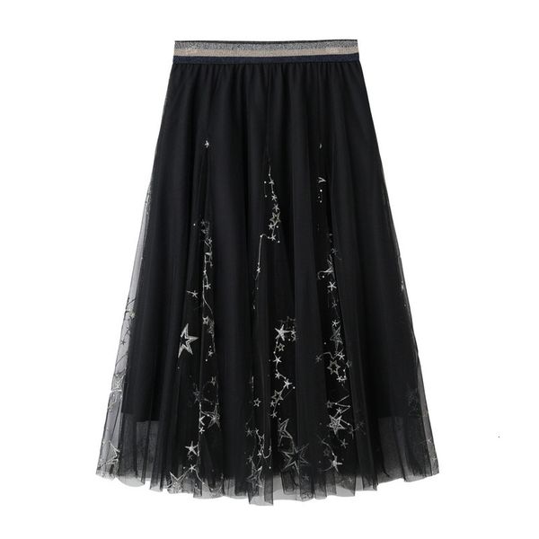 

skirts summer fairy skirt star mesh skirt embroidery star tutu skirt simple elastic high waist slim long skirt 230413, Black