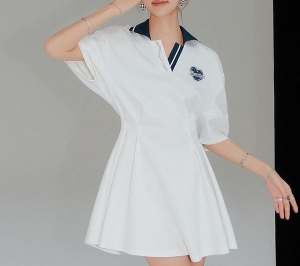 

age reducing dress white letter navy neck bubble short sleeve wrapped waist for slim contrast color academy style women's air cotton, Black;gray