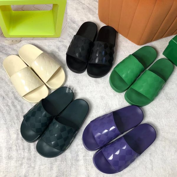 

designer slippers rubber slides square embossed slide sandals dark blue creamy white black flats fashion summer beach flip flops with box