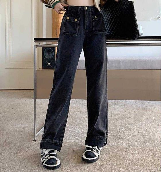 

design sense niche cargo jeans womens washed distressed high waist slimming, Blue