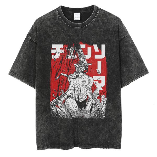 

men's t-shirts men washed tshirt anime chainsaw man t shirt women streetwear cotton t-shirt power loose short sleeve shirts pochita den, White;black