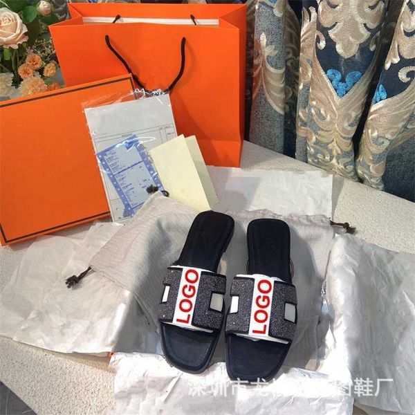 

2023 stars' same type slippers women's summer leather flat shoes wear beach thick heel sandals, Black