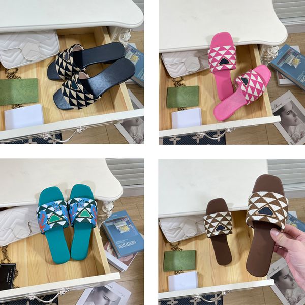

2023 woman embroidered fabric slides slippers black beige multicolor embroidery mules womens home flip flops casual sandals leather flat sli