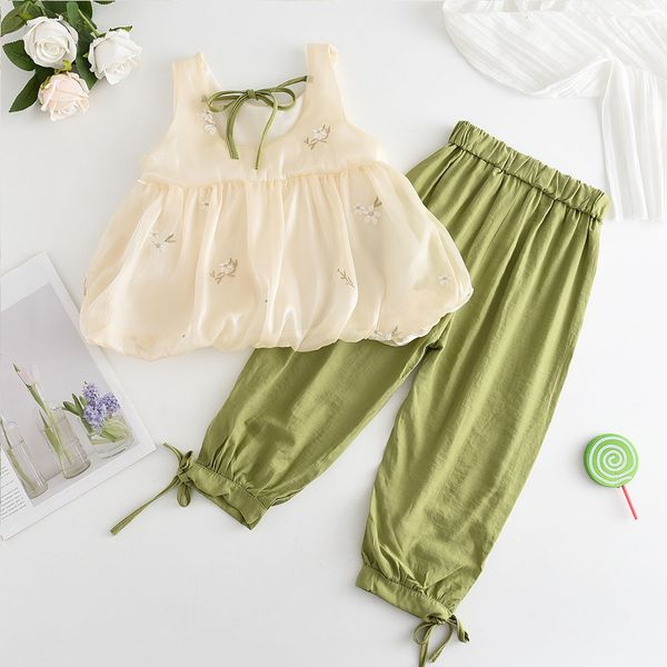 

clothing sets toddler girls set summer hollow suspenders vest green pants outfits kids clothes children casual suits 230412, White