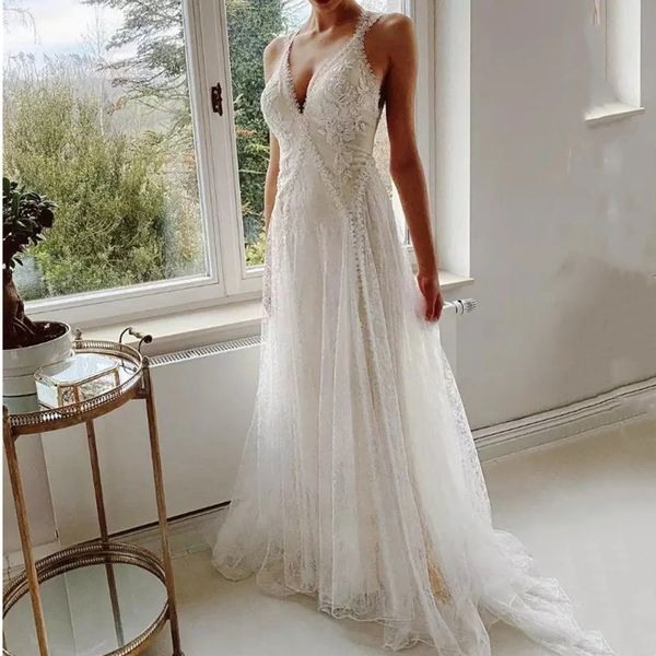 

backless bohemian a-line wedding dresses for bride lace appliques long ivory tulle beach bridal gowns sleeveless summer boho vestido de novi, White