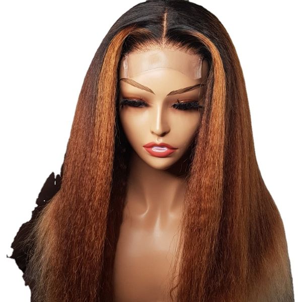 

natural 28 inch soft ombre blonde yaki kinky straight hair wig for women natural hairline kinky straight wig with afro baby hair, Black;brown