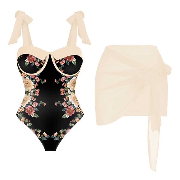 

printed panel chic one piece swimsuit and coverup bow tie strap gathering bikini high waist open back fashion push up230413, White;black
