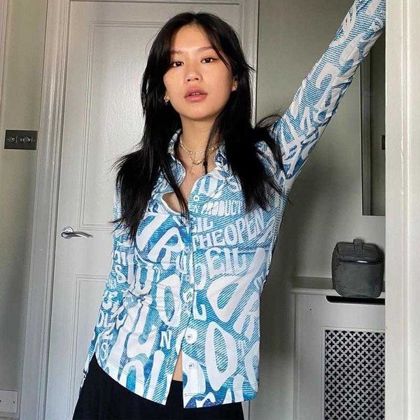 

men's women's casual shirts blue letter graffiti print long sleeve polo neck hong kong spicy girls fashion versatile shirt t-shirt, White;black