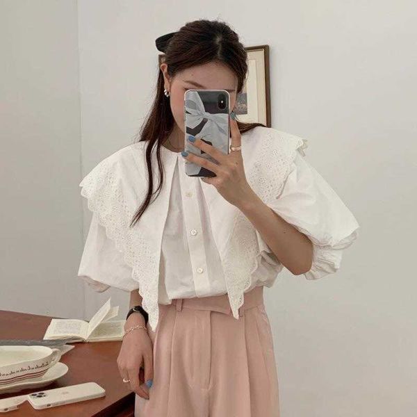 

summer french style retro fashionable shirt lantern sleeve embroidered lace, White