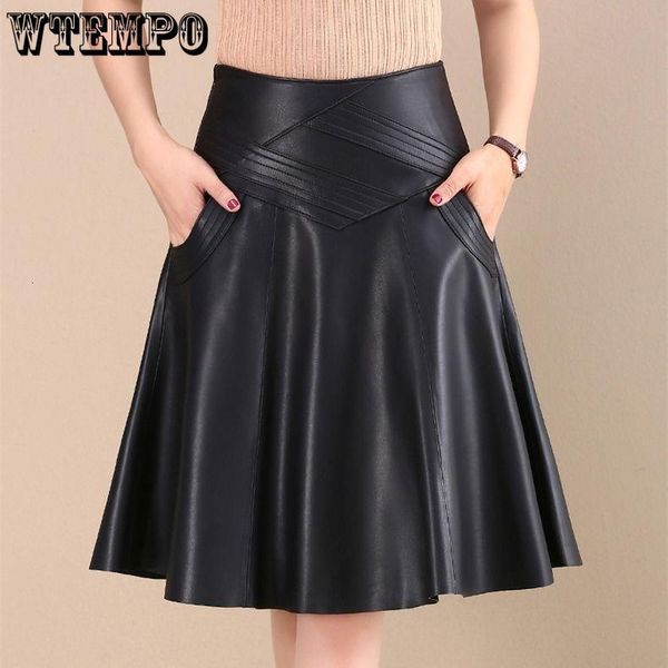 

skirts leather women's aline large size over the knee midlength highwaist pleated autumn winter 230413, Black