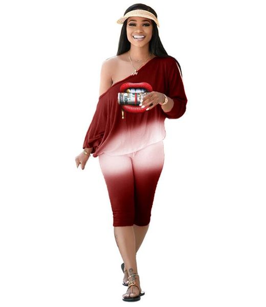 

hk890 women's two piece sets gradient oblique shoulder print oversized t shirt tight pants women's clothing, White