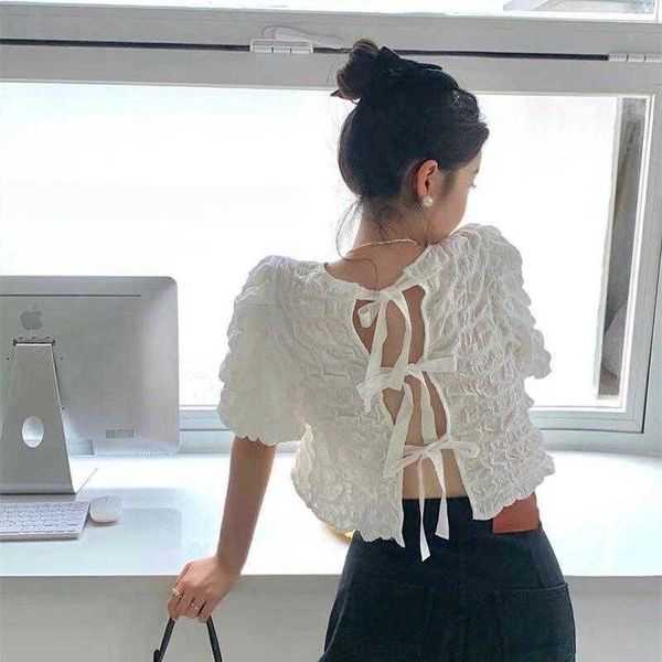 

sneaky design back strap texture shirt womens french round neck puff sleeve, White
