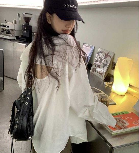 

back hollow out design long sleeved shirt autumn elegant lapel loose single, White