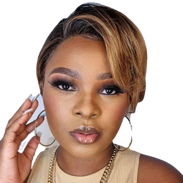 

human hair wigs 1b 27 blonde color short straight bob pixie cut wig 13x1 t part transparent lace wig for for black women, Black;brown