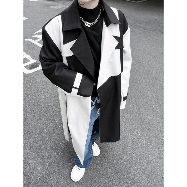 

men's trench coats net celebrity streetwear fashion black white splice loose casual long jacket windbreaker coat male stage clothing 23, Tan;black