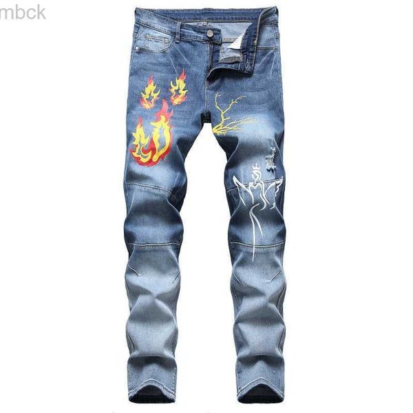 

men's pants spring summer fashion elastic print jeans men boutique stretch casual denim pants male slim streetwear trousers, Black