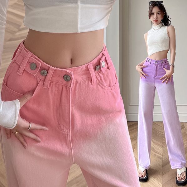 

women's jeans gradient colorful tube wide leg denim pants girl's spring high waist loose long trousers autumn european fashion sli, Blue
