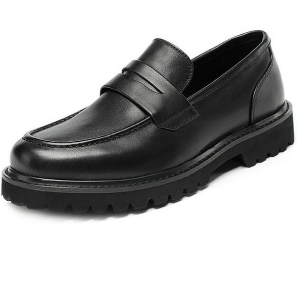 

cow leather lazy platform shoes men fashion slip on genuine leather driving loafers mens peas shoes, Black
