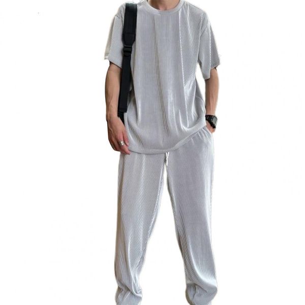 

men's tracksuits summer 2 piece set men's clothing 1 set pants solid color loose summer crew neck draping outfit for office tracks, Gray
