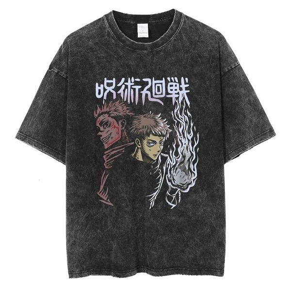 

men's t-shirts anime jujutsu kaisen washed t-shirts summer vintage 100% cotton t shirt harajuku casual tees loose streetwear 230413, White;black