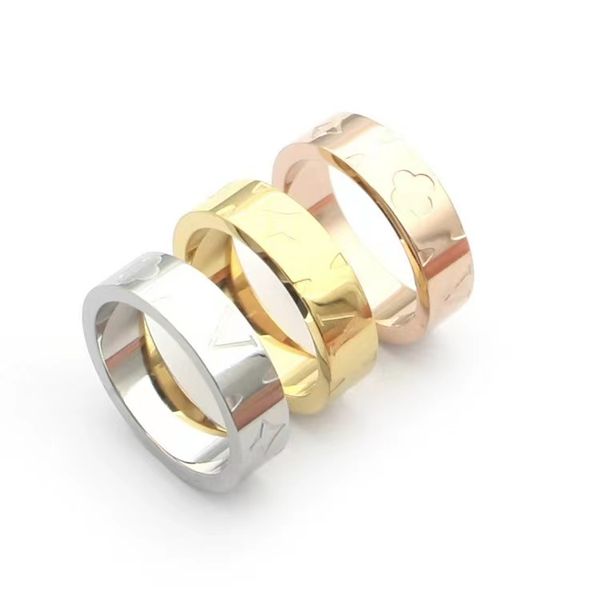 

2023 luxury brand v-print coupe ring for women couples simple and fashionable four leaf flower engagement ring titanium steel designer ring, Silver