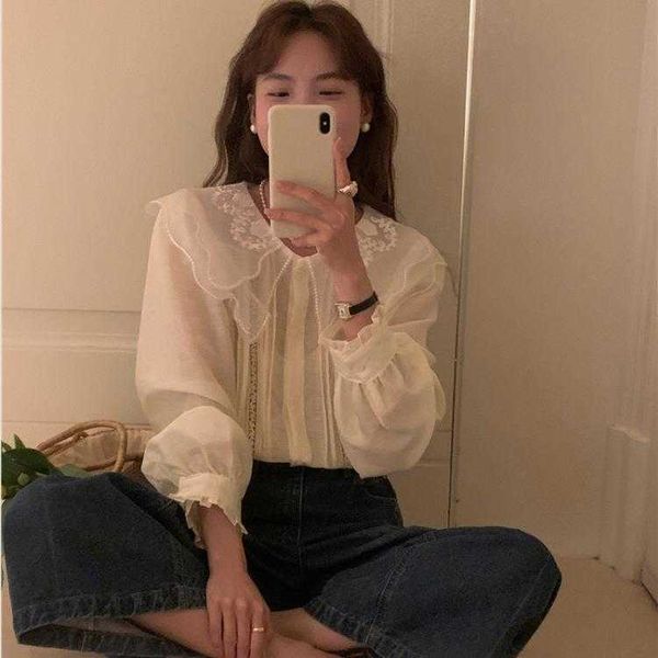 

spring korean style french shirt machine embroidery double layer lace collar, White
