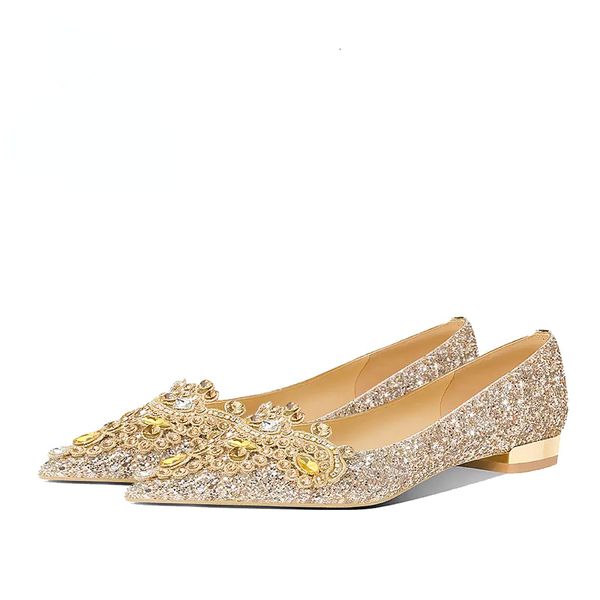 

dress shoes women shoes lowheeled dress banquet crystal sequins wedding shoes gold pointed female bride shoes zapatos de mujer 230413, Black