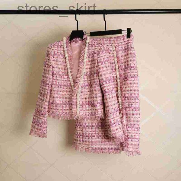 

two piece dress designerchan women's two piece sets2022 new autumn winter two-piece fashion pearl tweed jacket skirt womens autumn suit, White