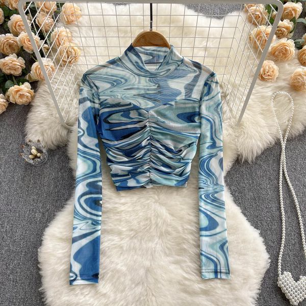 

women's t-shirt women elastic mesh t shirt chic tie dye print crop basic slim tshirt vintage long sleeve tees women spring streetwear 2, White