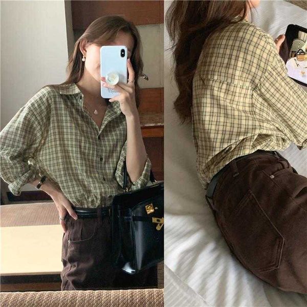 

korean style shirt contrast color check lapel long sleeve womens spring, White