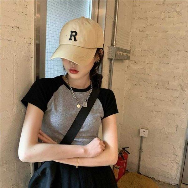 

contrast color raglan sleeve threaded short t shirt female summer slim fit, White
