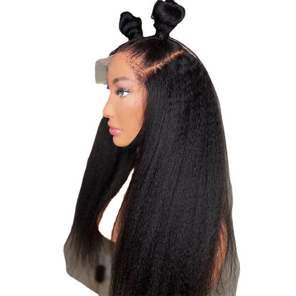 

lace front wig preplucked soft 26 long kinky straight 180% density natural black yaki for african women baby hair glueless daily, Black;brown