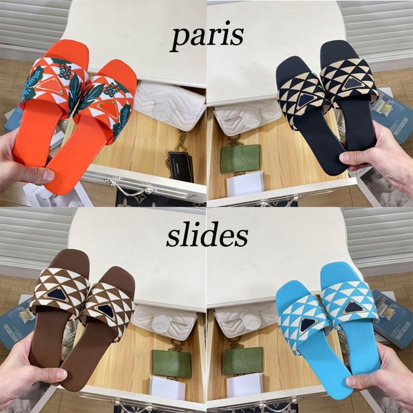 

designer slides women embroidered fabric slippers metallic slide sandals luxury p sandal triangle chunky heels fashion summer beach low heel, Black