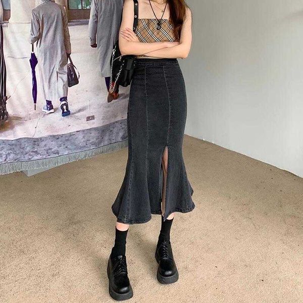 

elegant ruffled fishtail split denim skirt womens spring and summer stretchy, Black