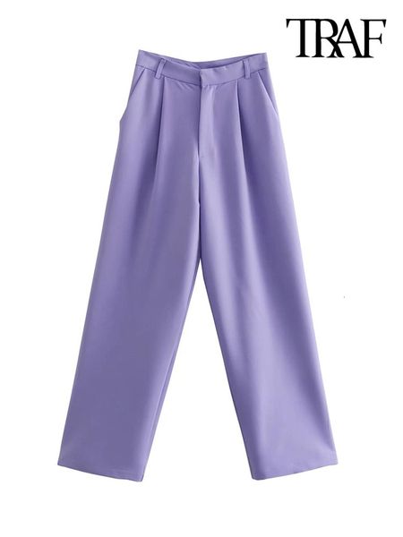 

women's pants capris traf women fashion side pockets straight pants vintage high waist zipper fly female trousers mujer 230413, Black;white