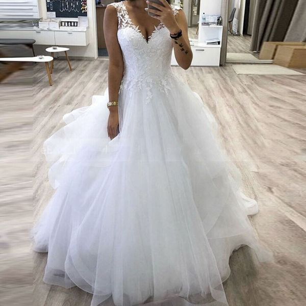 

v neck wedding dress lace appliques tiered white princess bridal gowns ivory