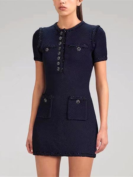 

casual dresses women short sleeve knitted mini dress spring summer diamond buttons slim waist fashion short knitwear robes230413, Black;gray