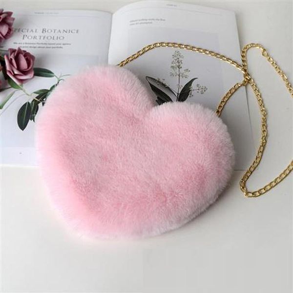 

new arrivals stylish heart shape plush shoulder bags for girls gift fluffy fake fur crossbody bags with metal chain, Black;red