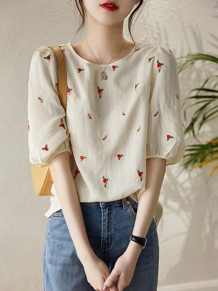 

women's t-shirt bobokateer summer women clothing fashion vintage floral embroidery t shirt camiseta mujer 3/4 puff sleeve haut femme 23, White