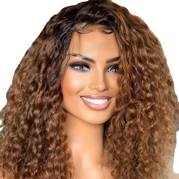 

lace front wig soft 26inch long kinky curly ombre blonde180density for black women babyhair glueless preplucked synthetic daily, Black;brown