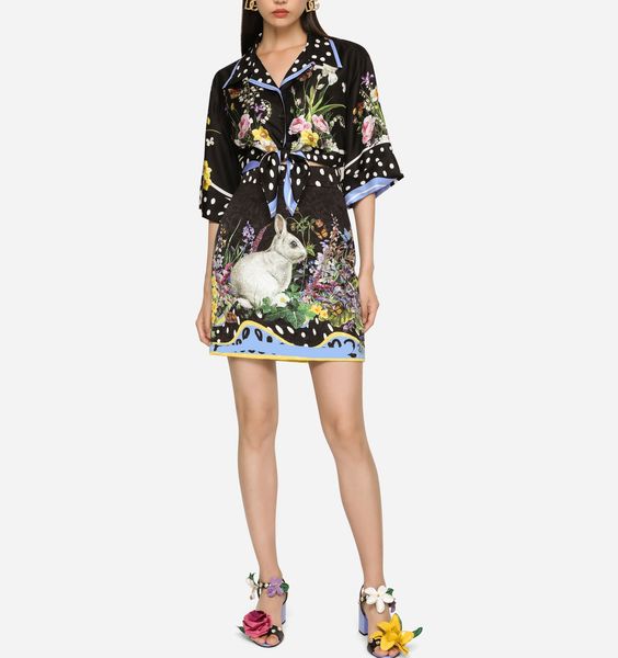 

women's two piece dress rabbit printed silk with miniskirt, White