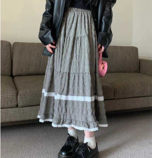 

retro patchwork lace plaid skirt spring elastic high waist crimp versatile, Black