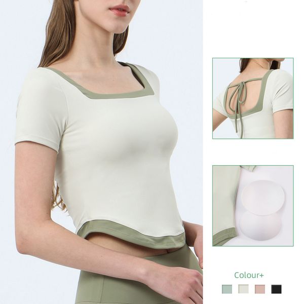 

lulu women yoga short square neck color-block comes with chest pads tight short sleeves athletica multi-colored summer t-shirt