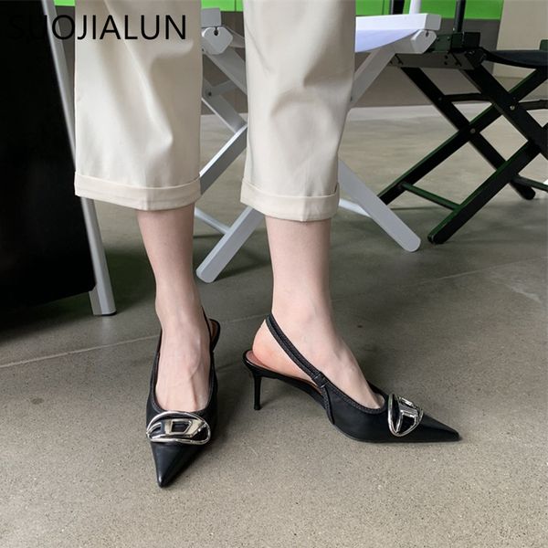 

sandals suojialun spring brand women sandal fashion metal buckle ladies elegant dress slingback shoes pointed toe thin high pumps 230413, Black