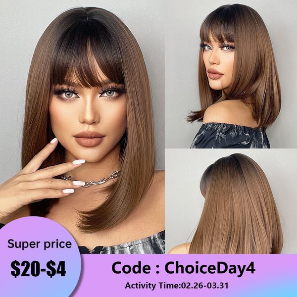 

cosplay wigs gemma medium ombre brown synthetic wig with bangs hair natural cosplay wig with dark roots for women heat resistant fibre 23041, Black