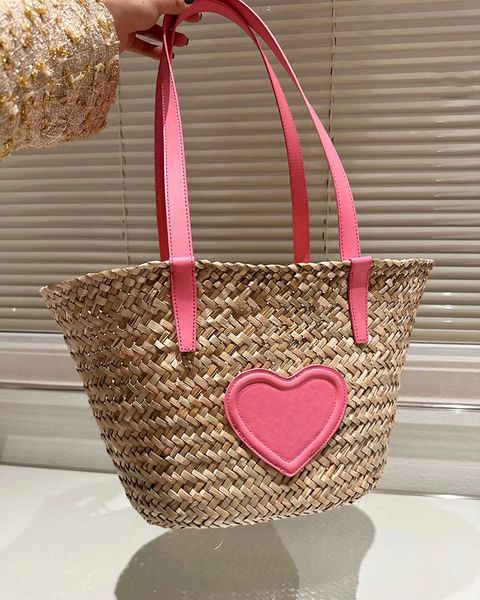 

weave basket beach bag straw shopping bags designer luxury totes shoulder handbags new summber pink khaki heart large capacity limited editi